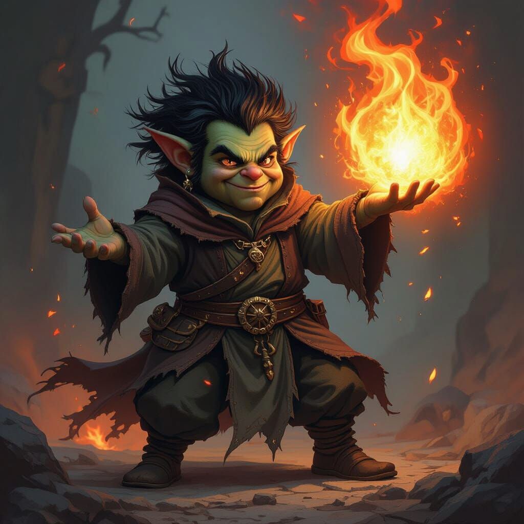Goblin Wizard Casting Fireball in Dark Fantasy Style