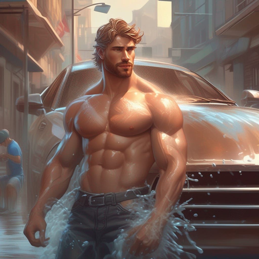 Muscular Men Car Wash: Hyperdetailed Artstation Portrait
