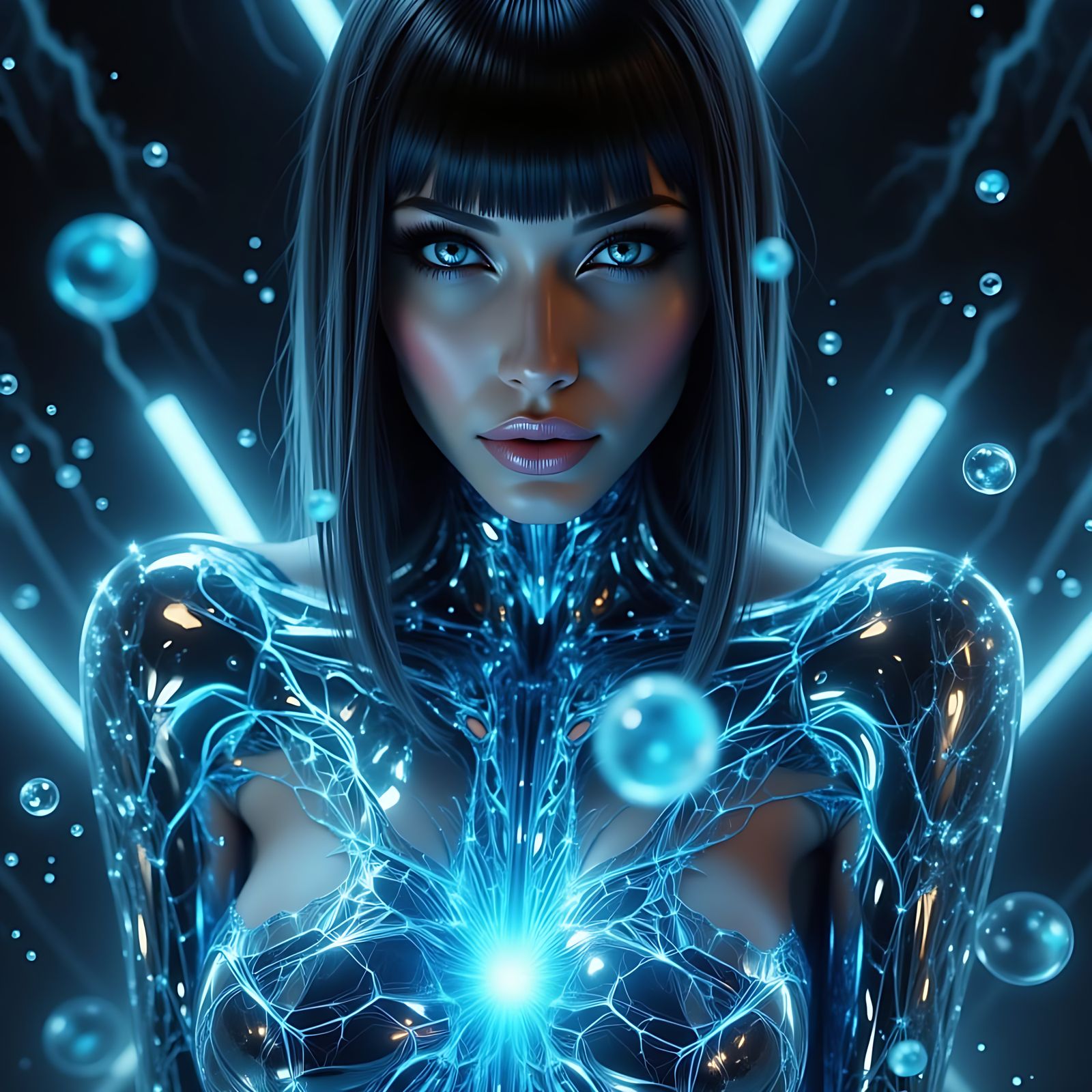 Futuristic Woman in Sci-Fi Couture with Holographic Interfac...