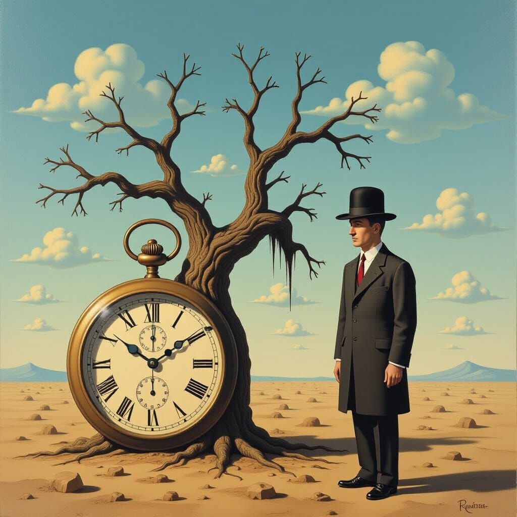 Magritte-Inspired Surrealist Landscape with Melting Watch