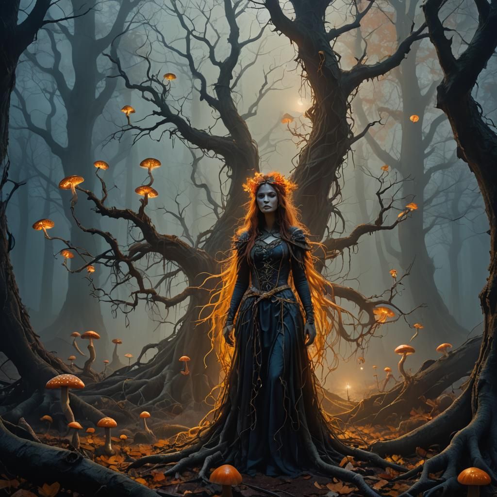 Mystical Autumn Fae in Moonlit Forest