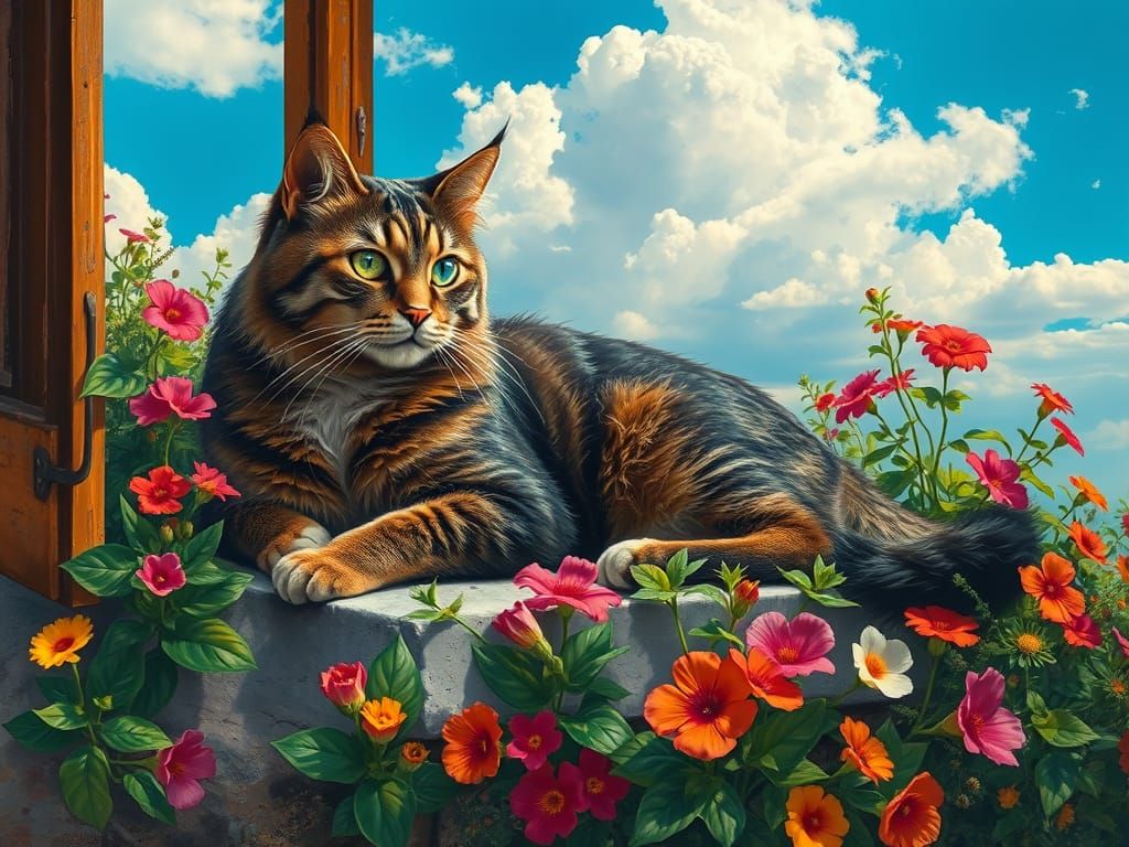 Tabby Cat Relaxing, Sunny Day