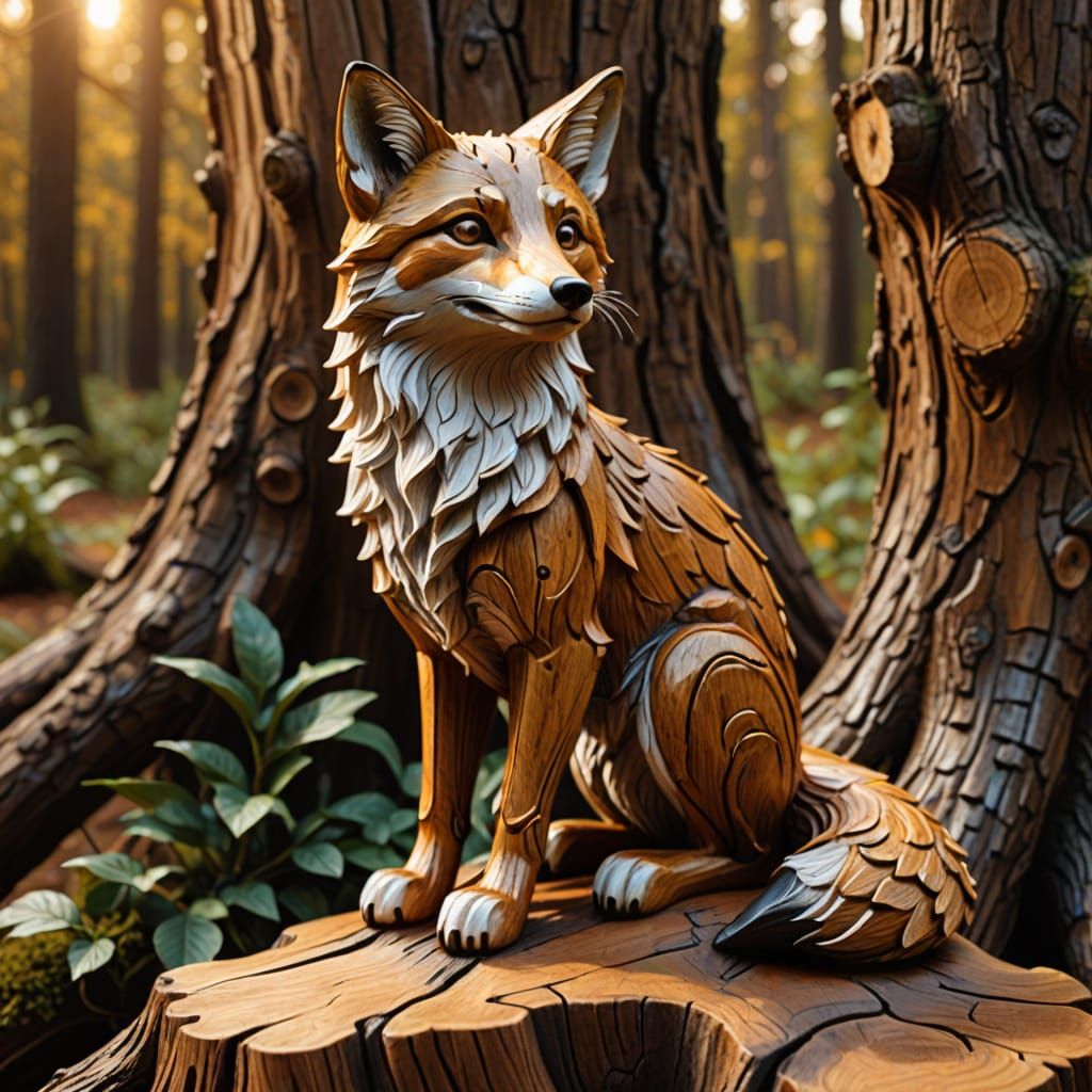 Intricate 3D Woodcarving of a Fox on Stump