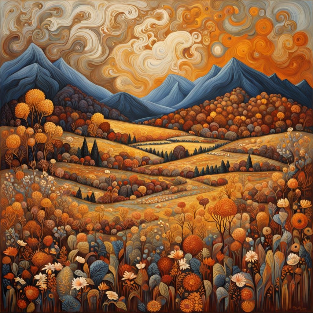 Abstract Expressionist Landscape with Buffalo at Sunrise