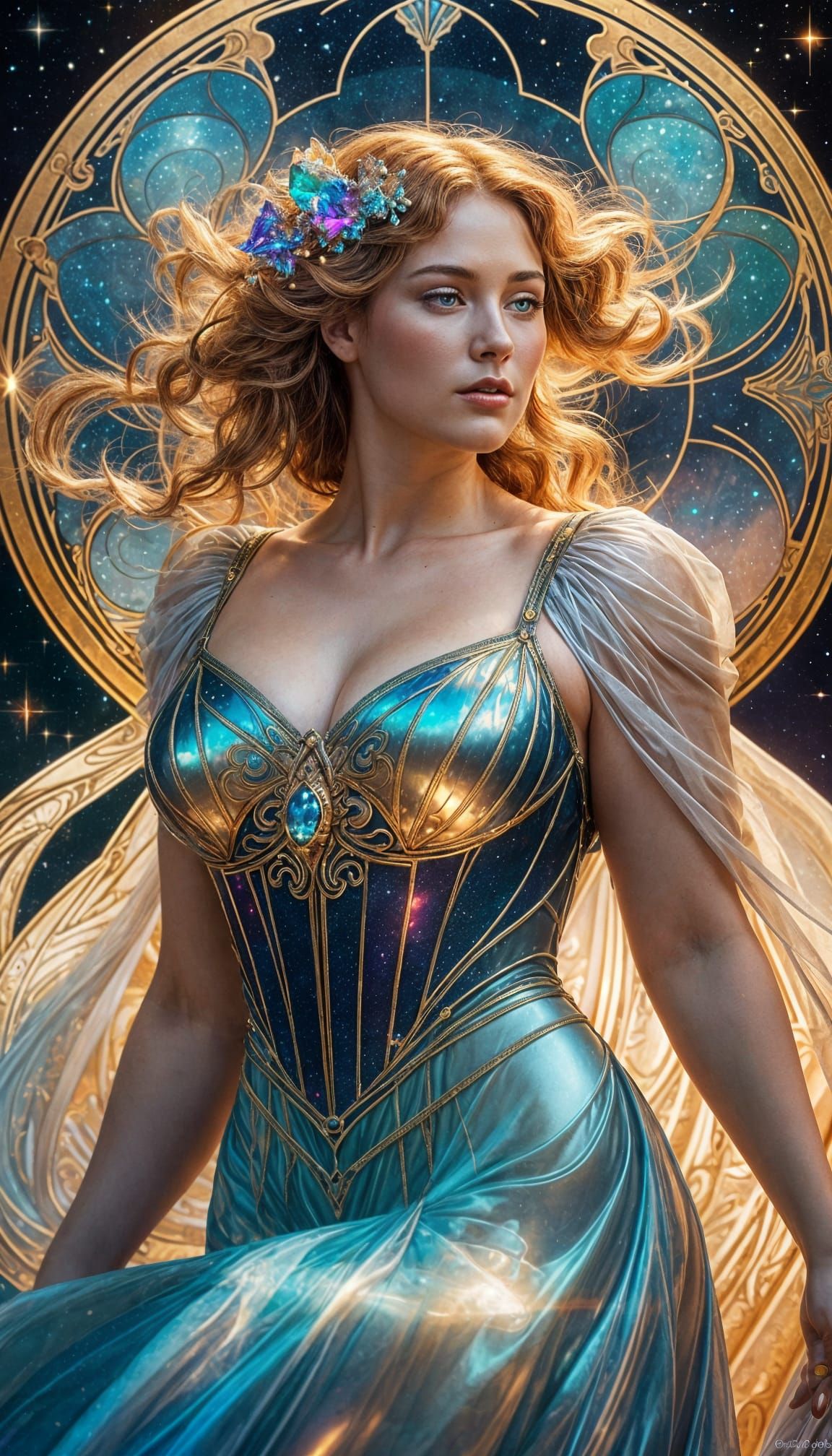 Android Goddess Floating in Cosmos, Art Nouveau Style