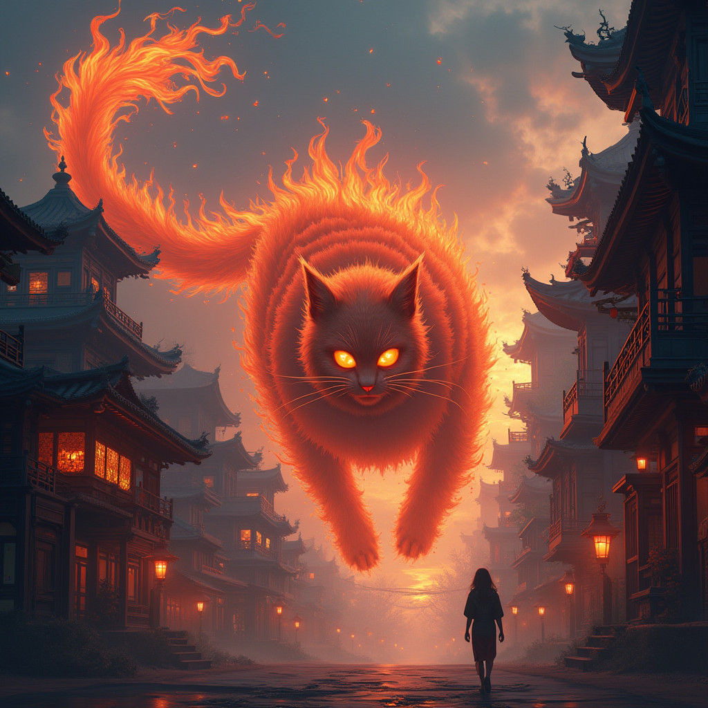 Fiery Yokai Cat Illuminates Mystical Cityscape