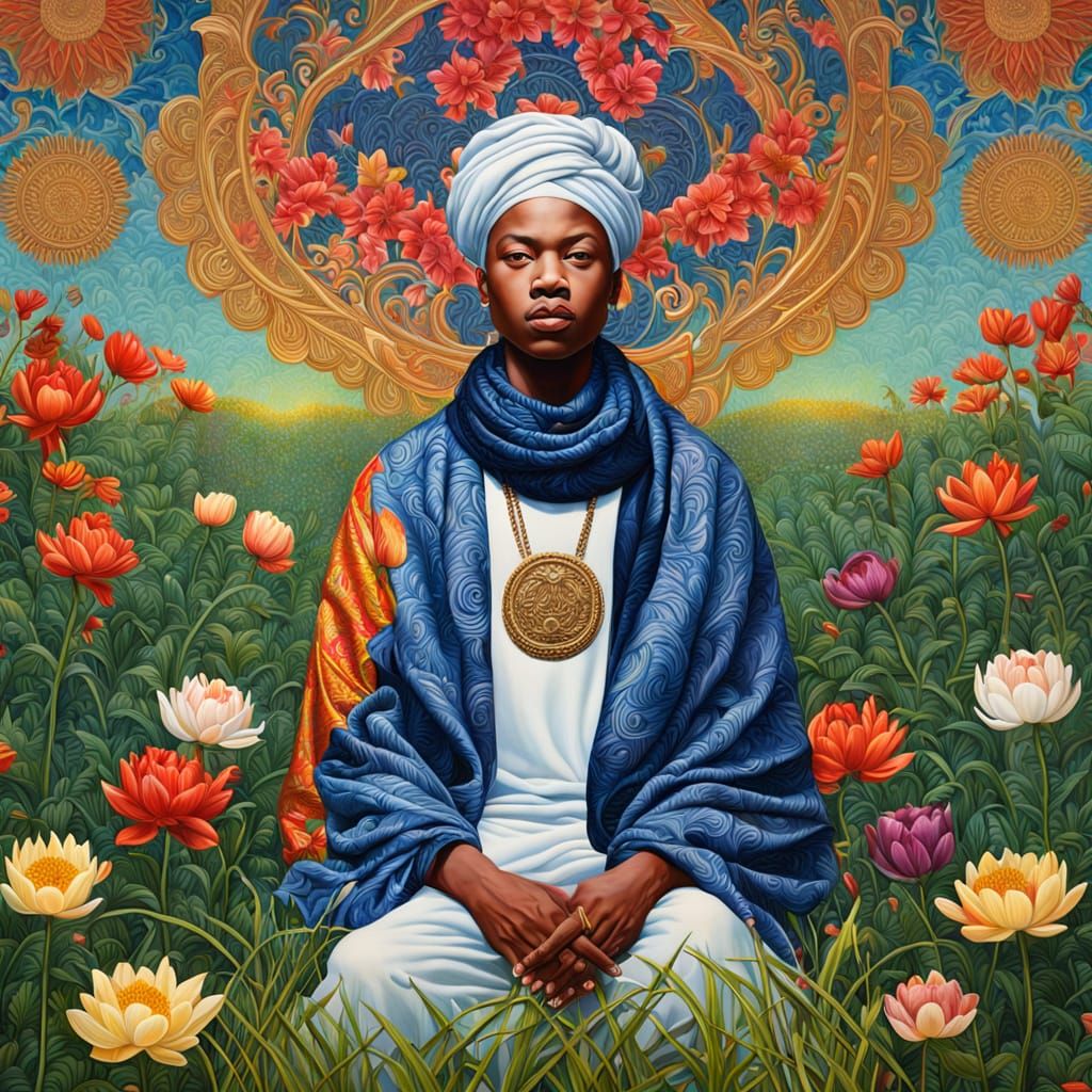 Mystical Wanderer with Buddha in Surreal Landscape