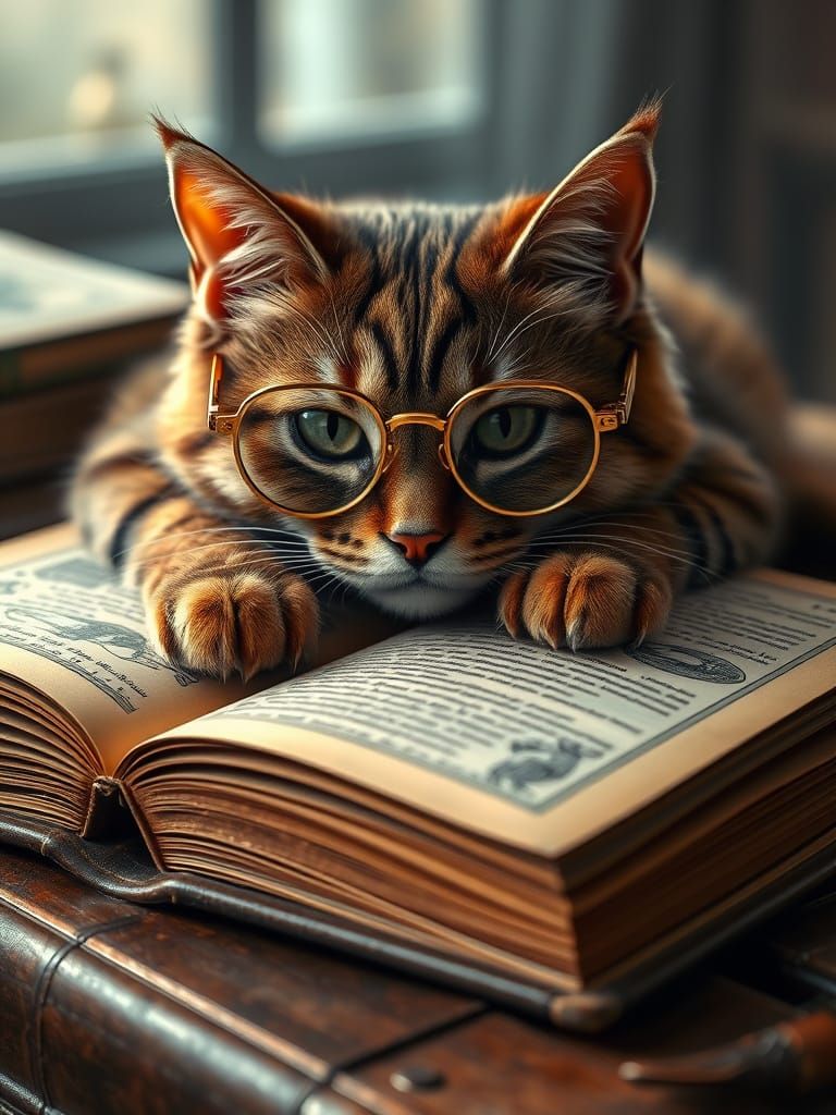 Whimsical British Cat in Cozy Library Scene