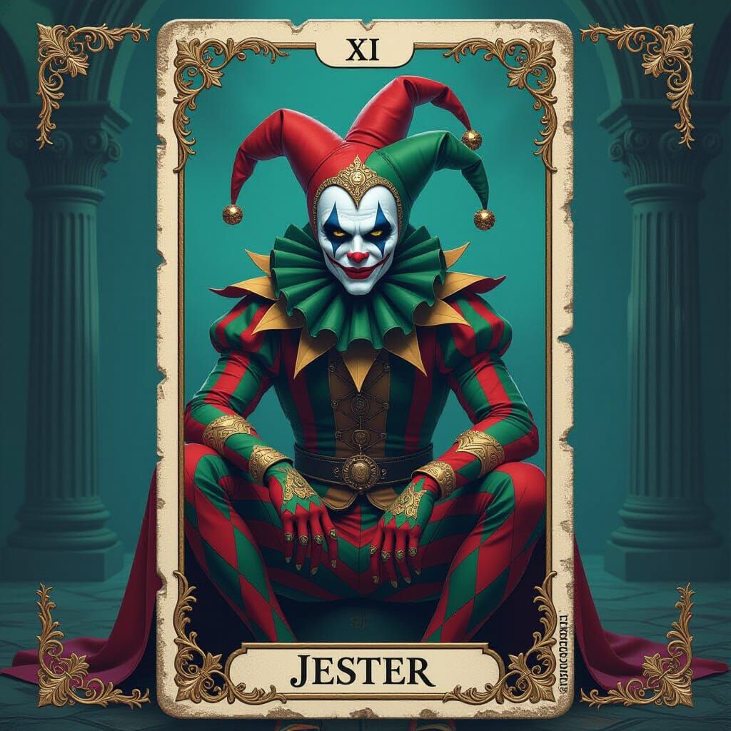 Jester Tarot Card with Death Harlequin, Fantasy Concept Art