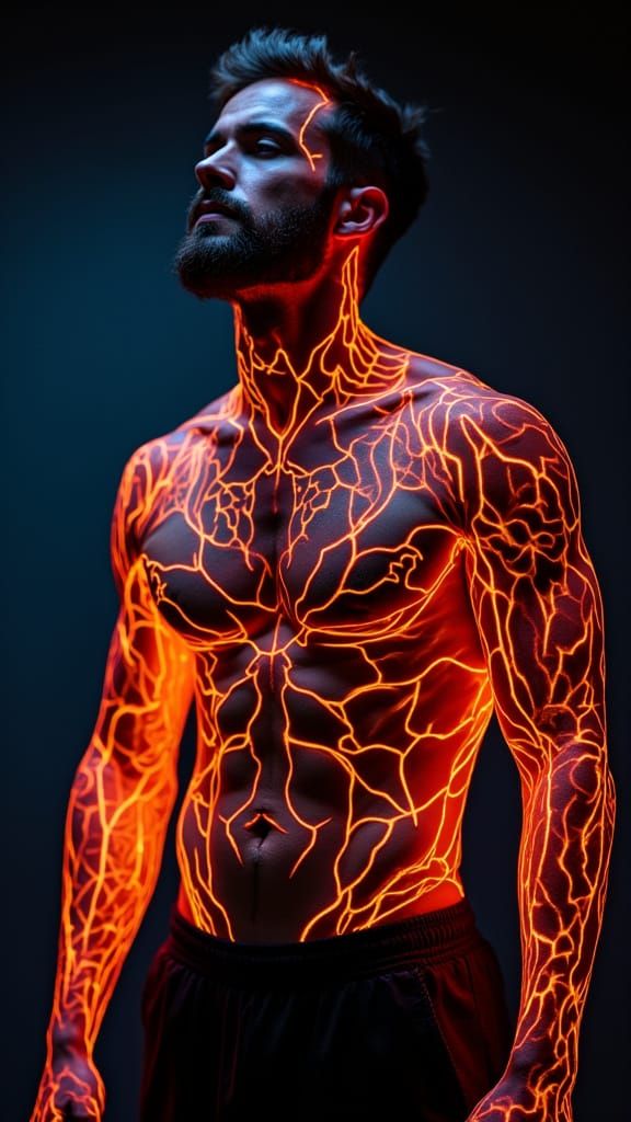 Tattooed Man in Neon Orange Glow