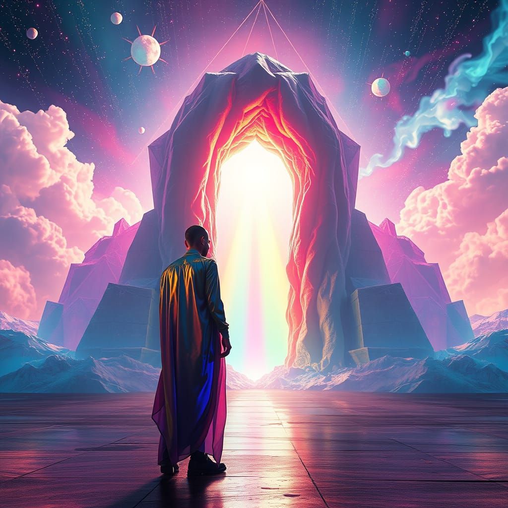 Cosmic Ice Cream Portal with Iridescent Figure