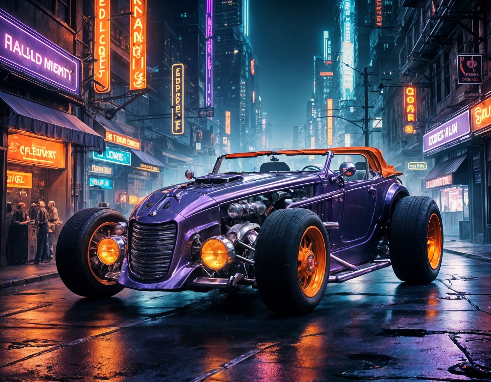 Retro-Futuristic Hot Rod Speeds Down City Street at Night