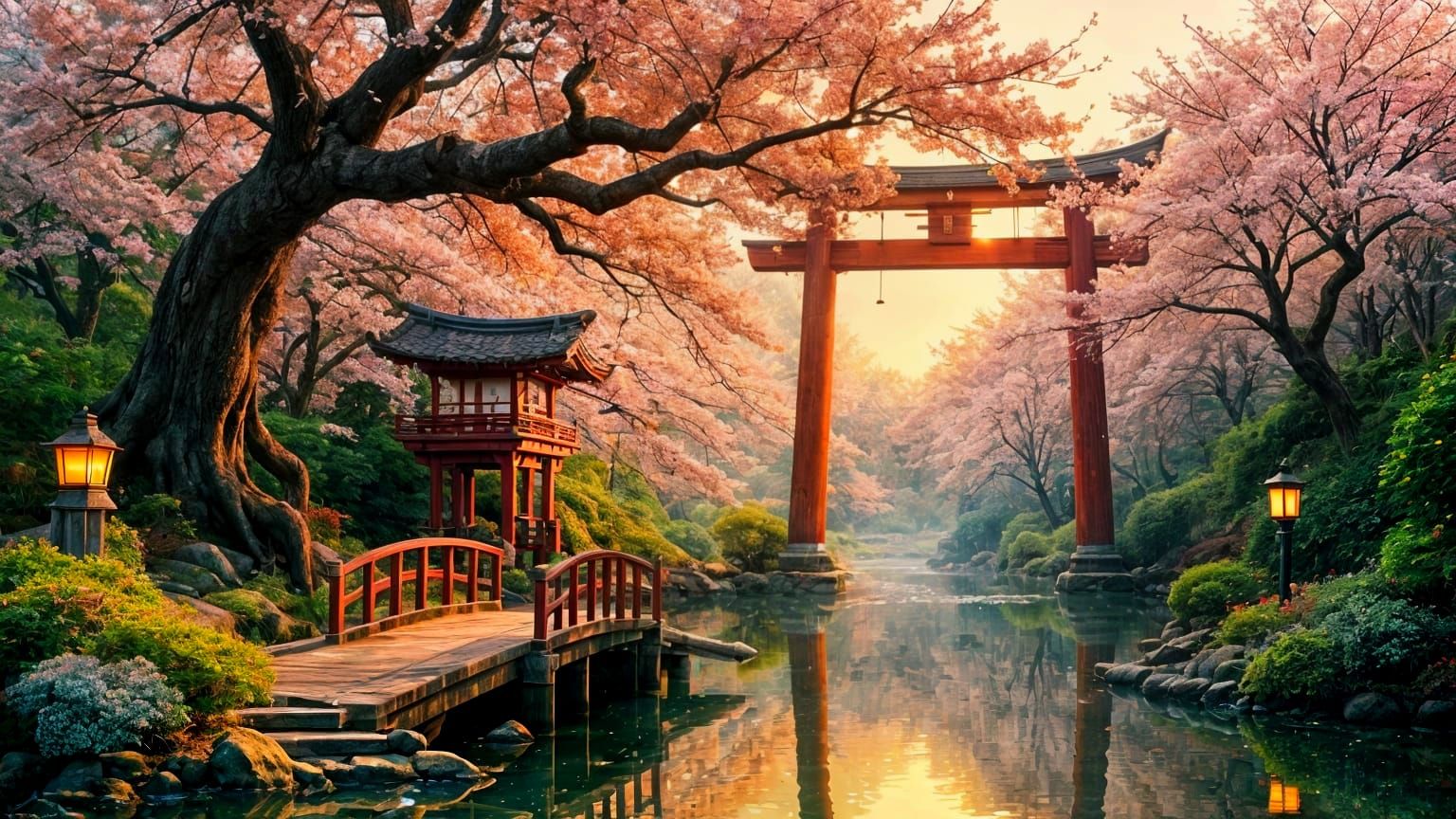 Japanese Torii Gate Under Sakura Tree at Sunset