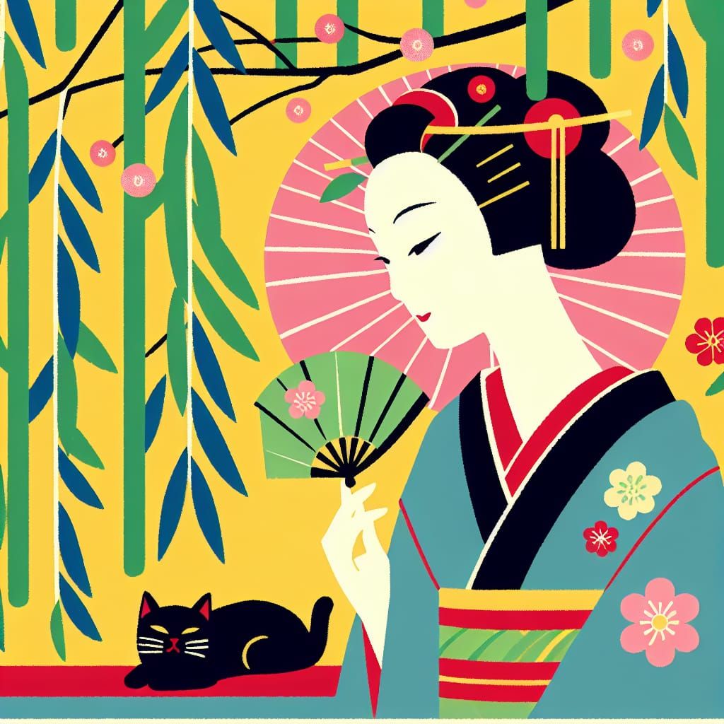 Art Deco Japanese Woman with Cat in Taisho Era