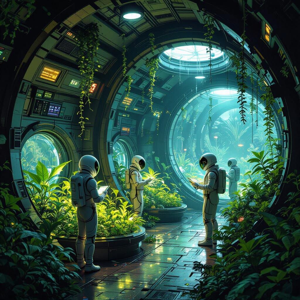 Alien Botanists Cultivating Garden in Bioluminescent Spacesh...