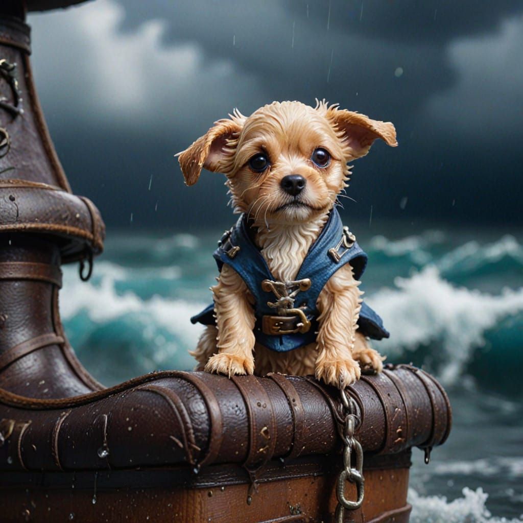 Hyper Realistic Pirate Dog in Ocean Storm