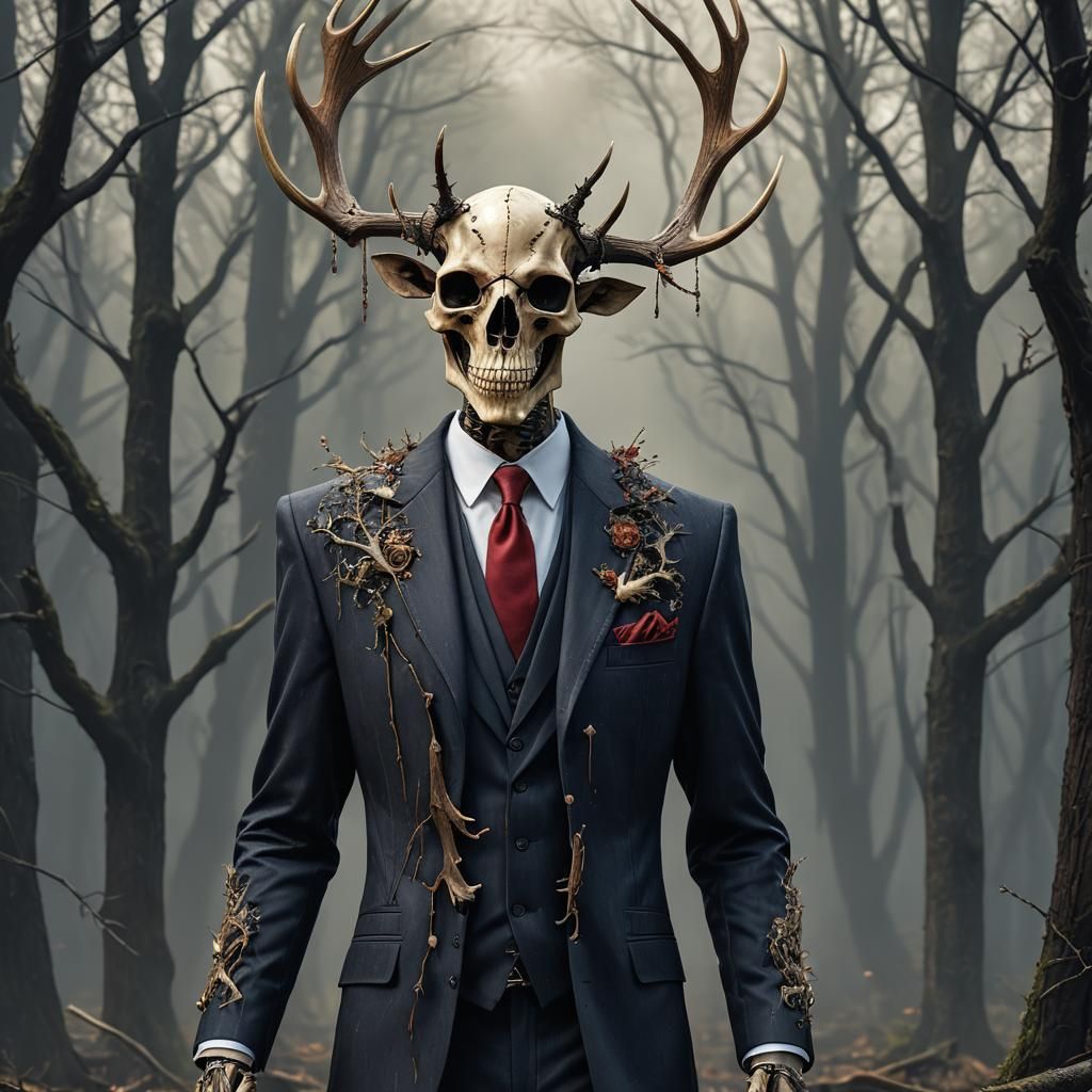 Crow Skeleton in Suit with Wooden Antlers