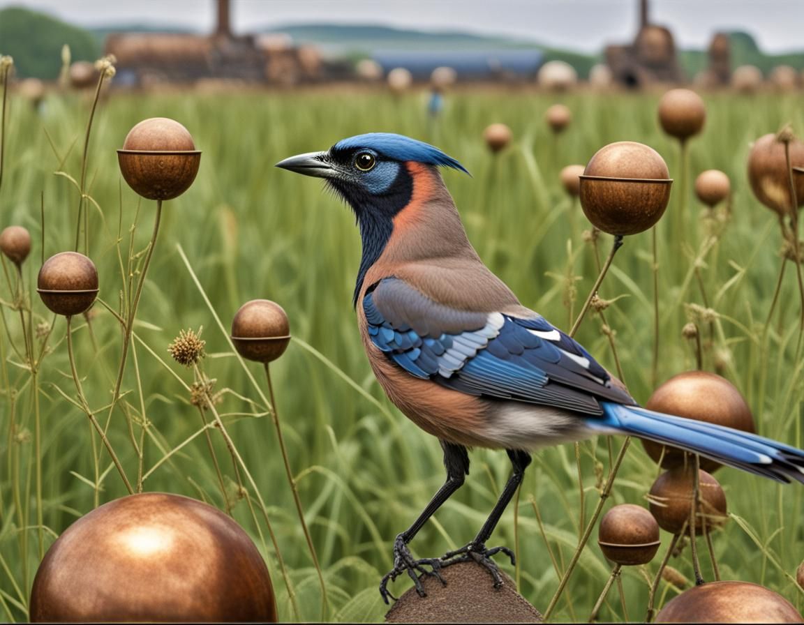 Eurasian Jay in Steampunk Field, Hyperrealistic Photo