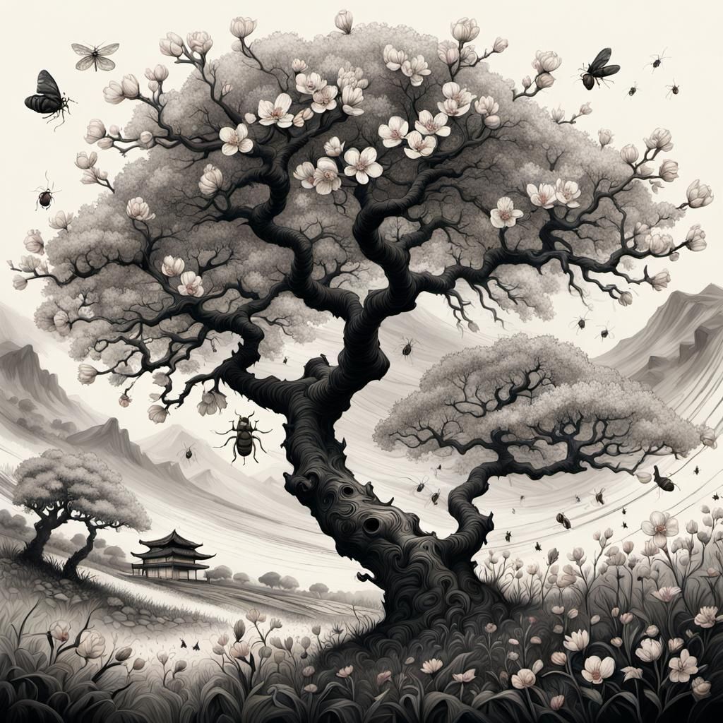 Japanese almond trees and flower meadows