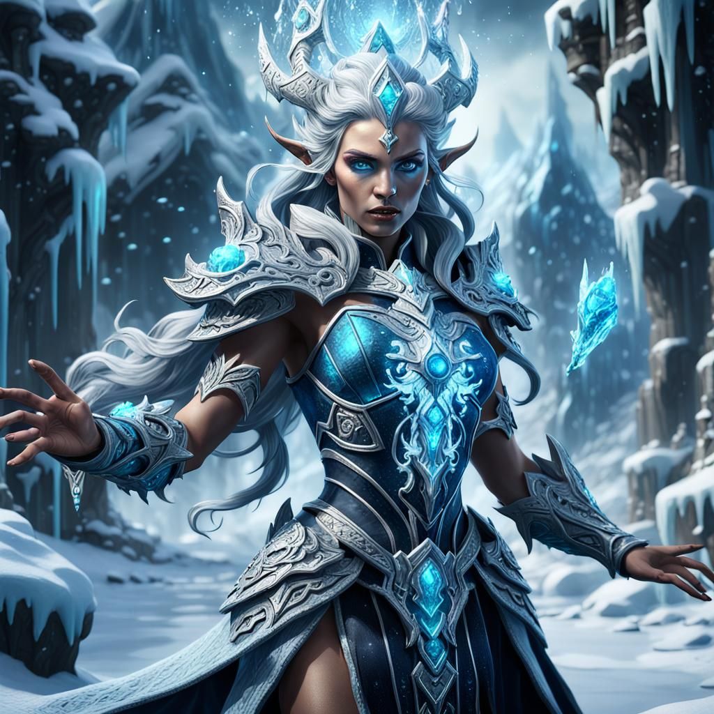 Ice Genasi Sorceress Casting Blizzard