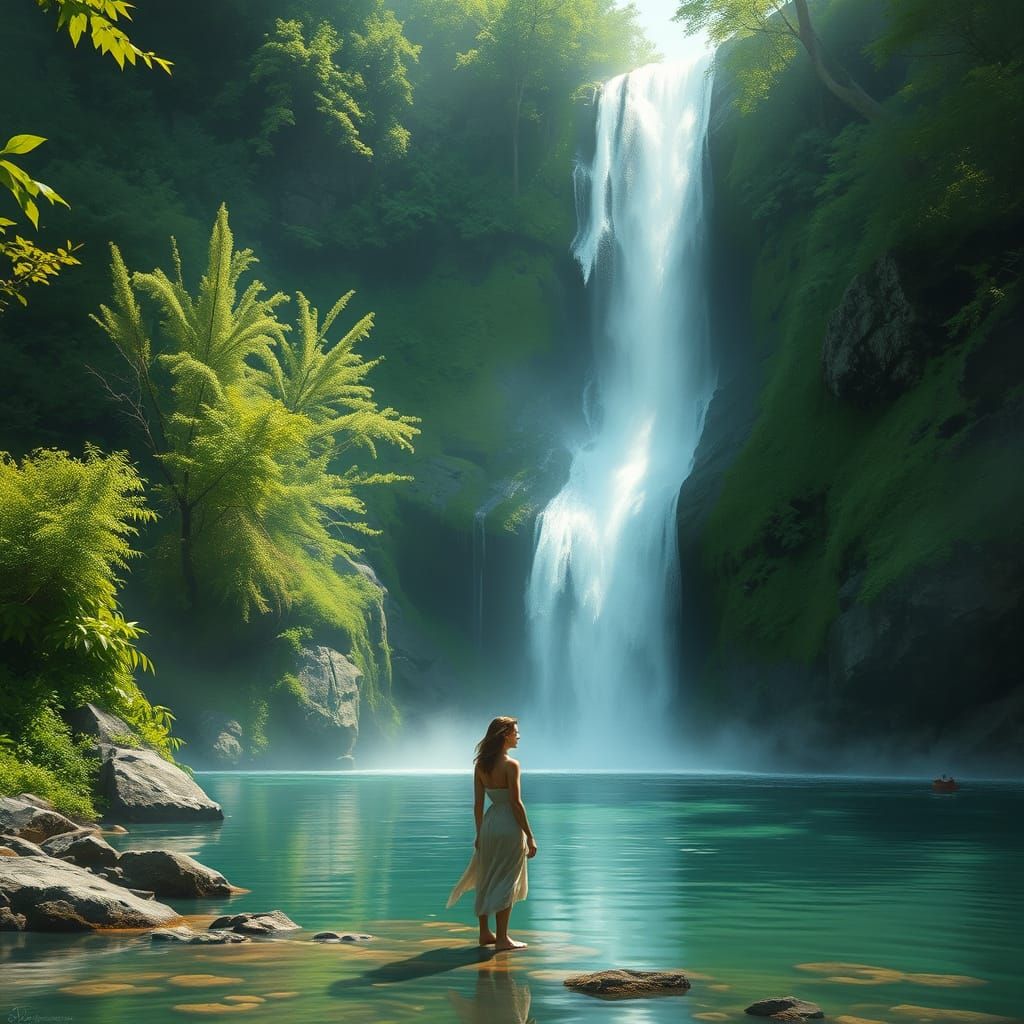 Woman by Waterfall: Digital Painting and Realism