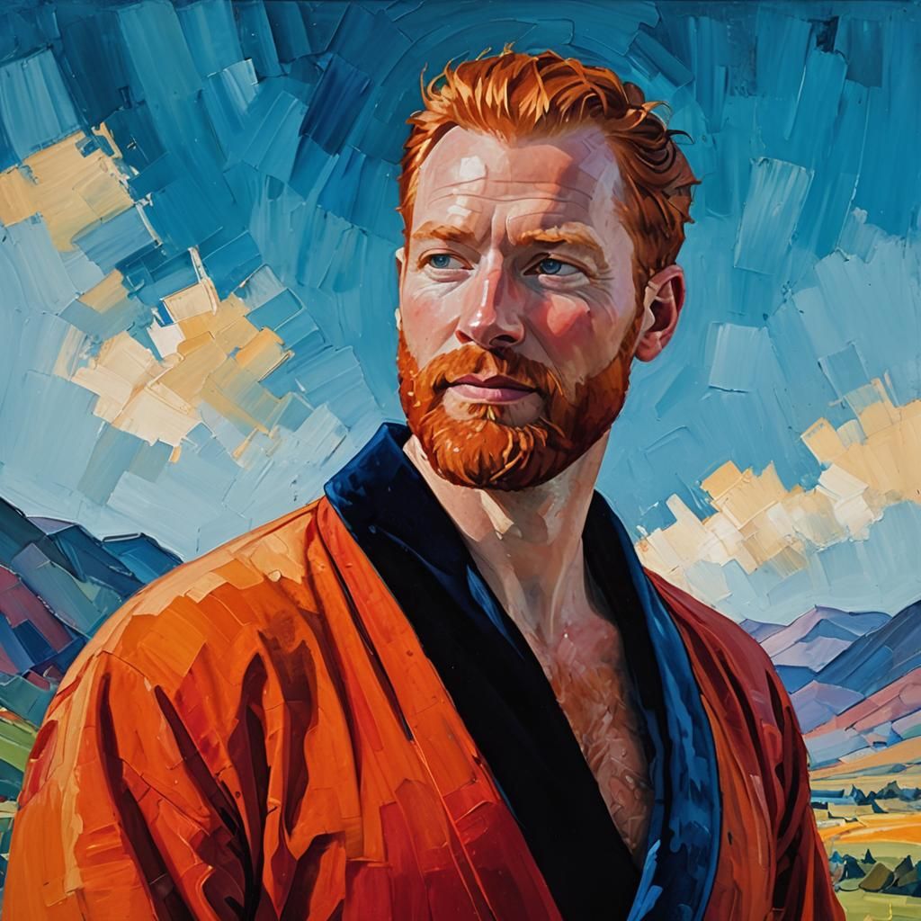 Ginger Man in Bathrobe: Expressionist Impasto Oil Painting