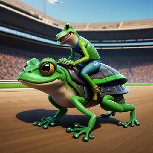Frog Rides Turtle at Racetrack: 3D Digital Art