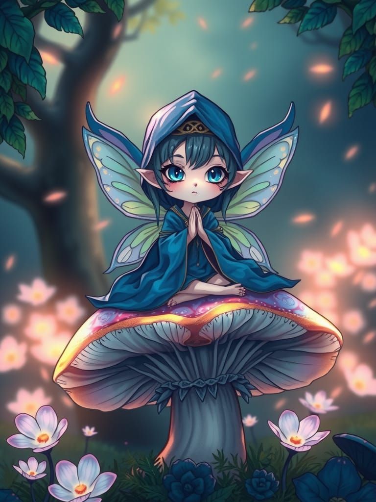 Chibi Fairy in Blue Sits on Mushroom in Mystical Glow