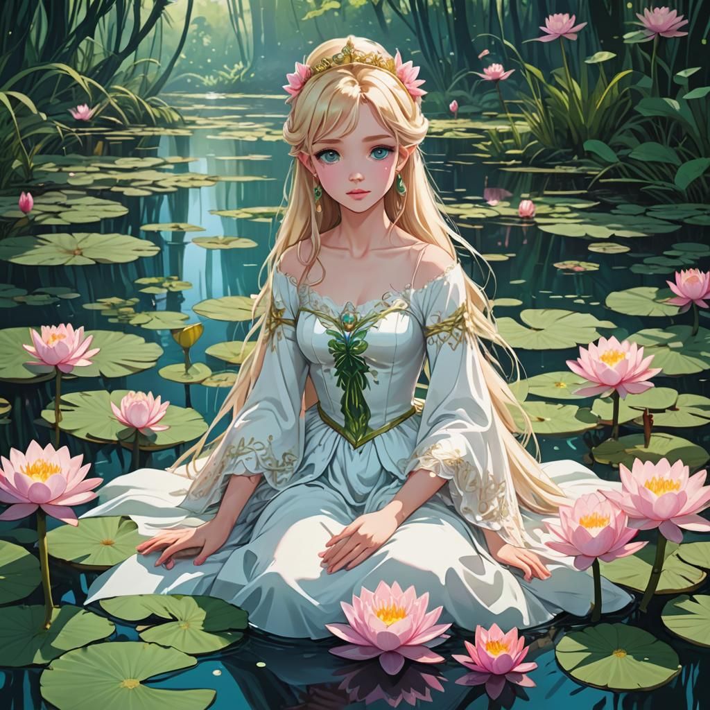 Anime Princess in Swamp with Water Lilies
