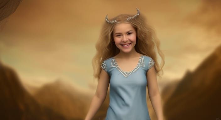 illumination joyful smile Nordic Viking girl ghost vanilla curly hair powder blue tunic