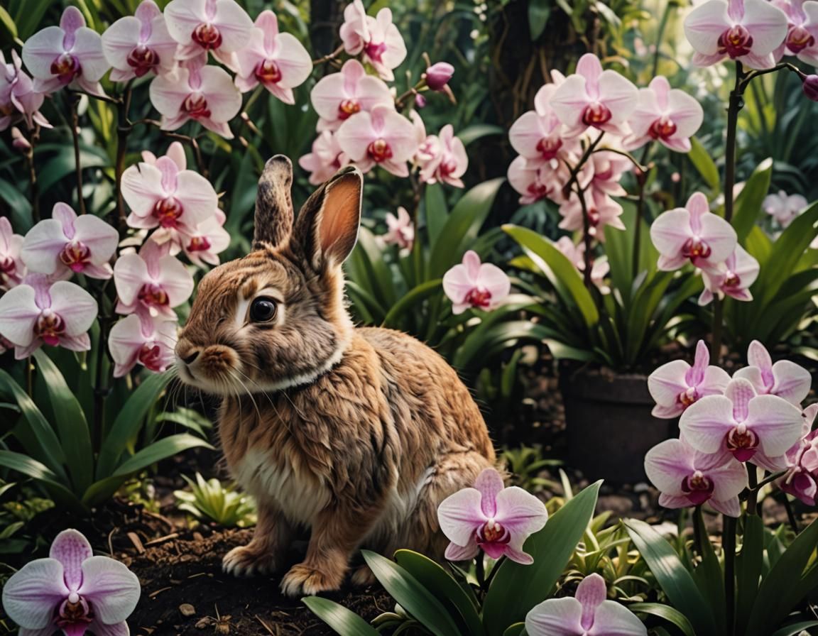 Rabbit in Orchid Garden: Cinematic Film Still