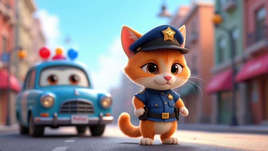 Cartoon Cat Officer in Pixar-style City