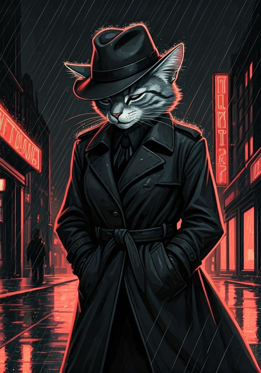 Gritty Female Cat Detective Strolls Through Rainy City Stree...