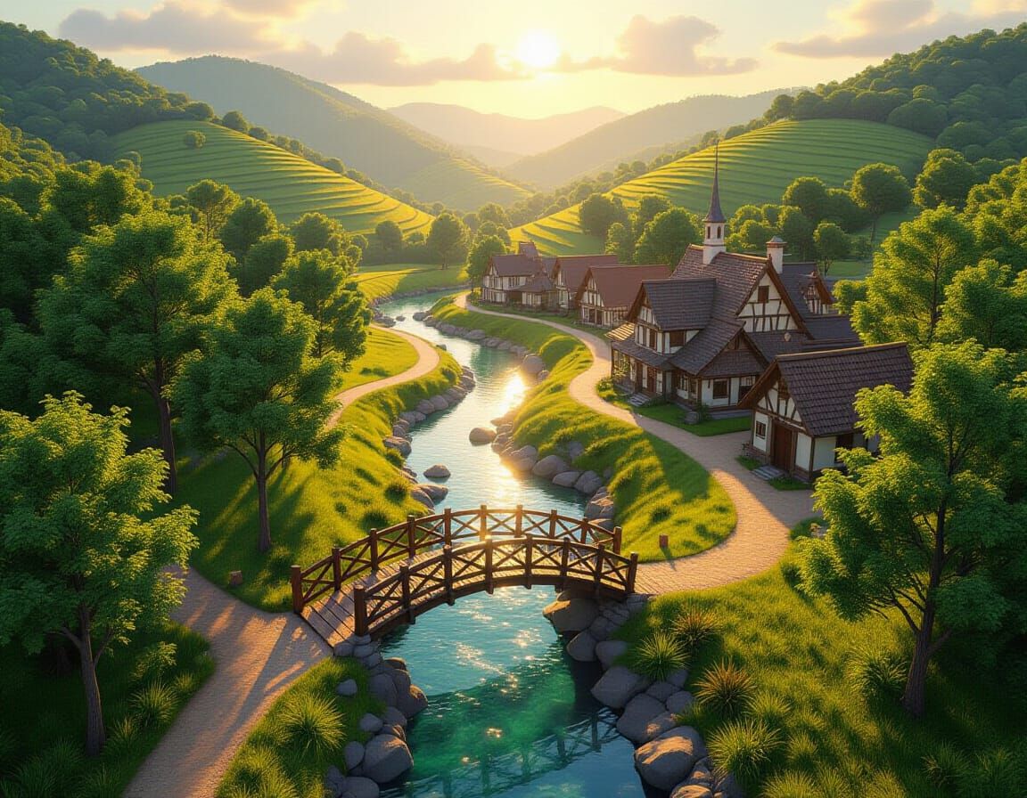 Winding Forest Path to Sleepy Village Aerial View