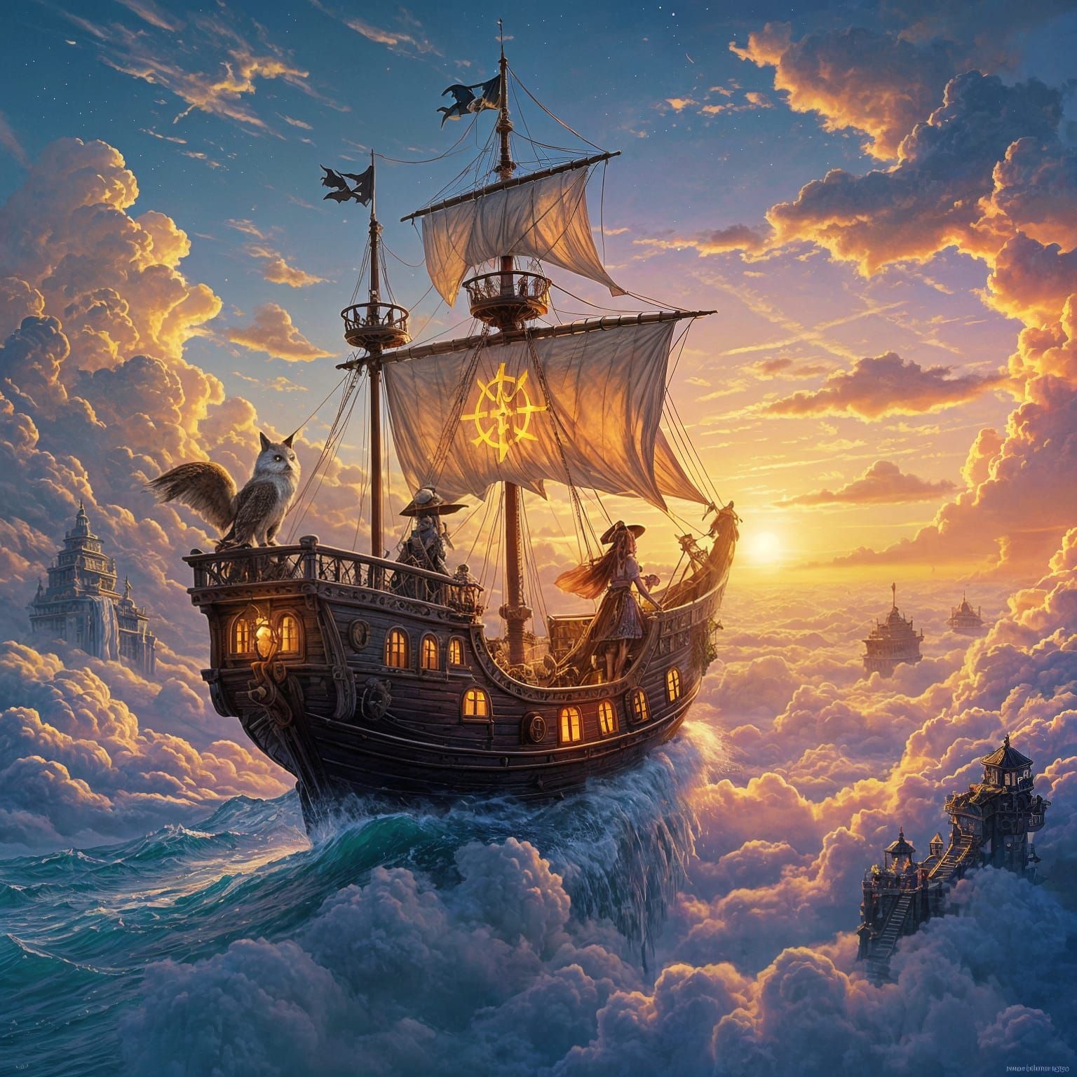 Flying Pirate Ship in Sunset, Ghibli-Inspired Fantasy