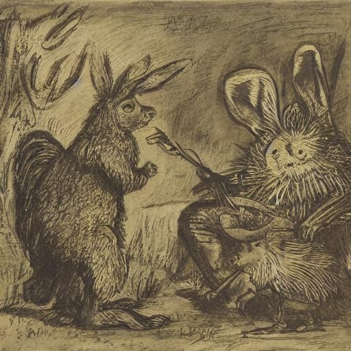 Rabbit and Hedgehog Portrait in Historical Style