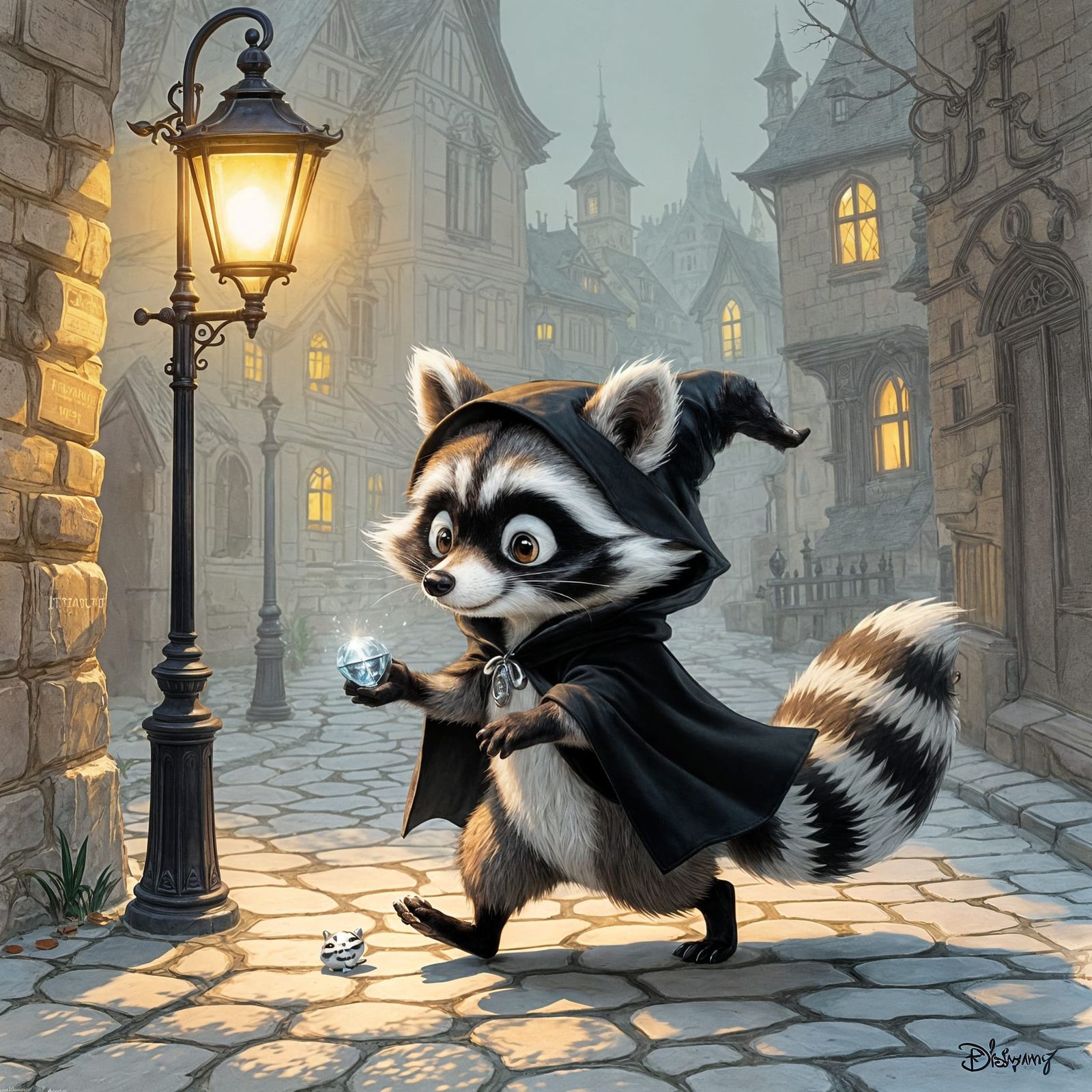 Cartoon Raccoon Steals Diamond in Storybook Illustration