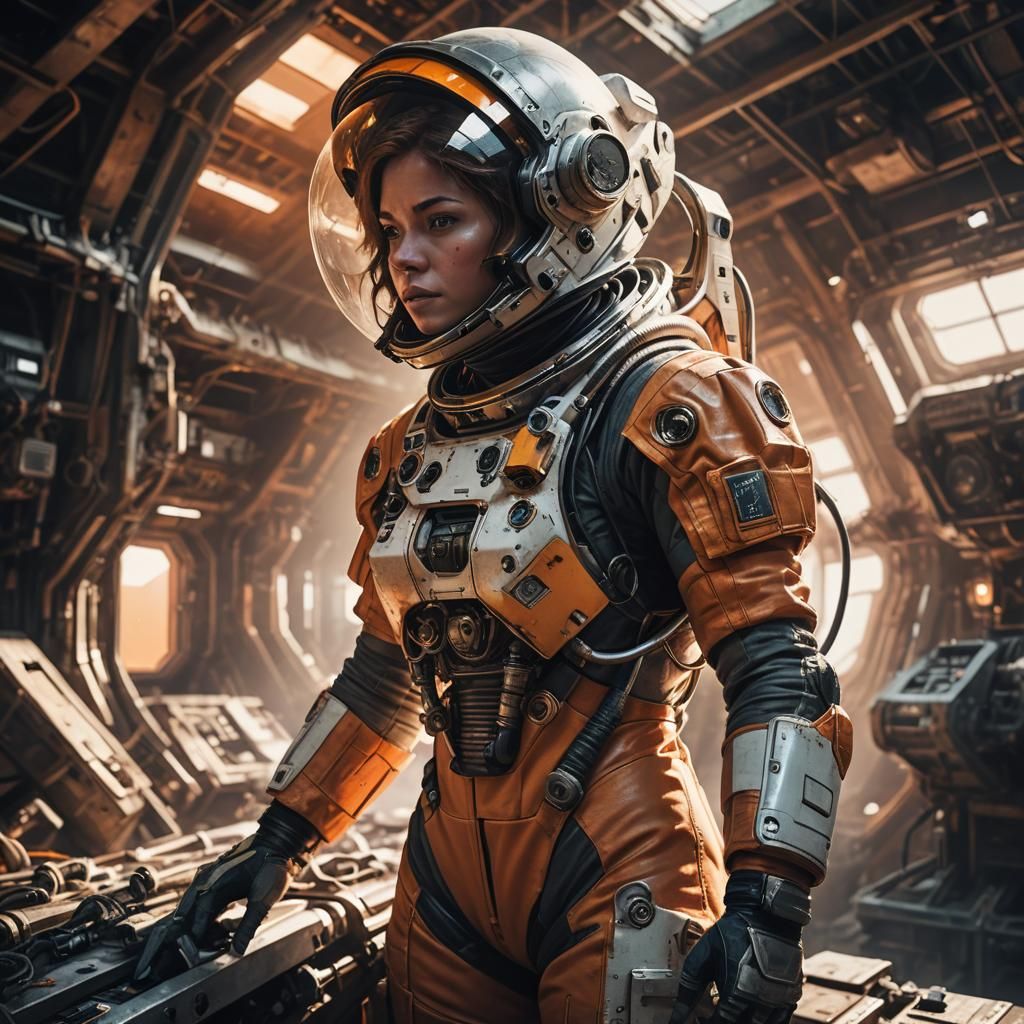 Astronaut Repairs Spaceship Hangar in Futuristic Concept Art