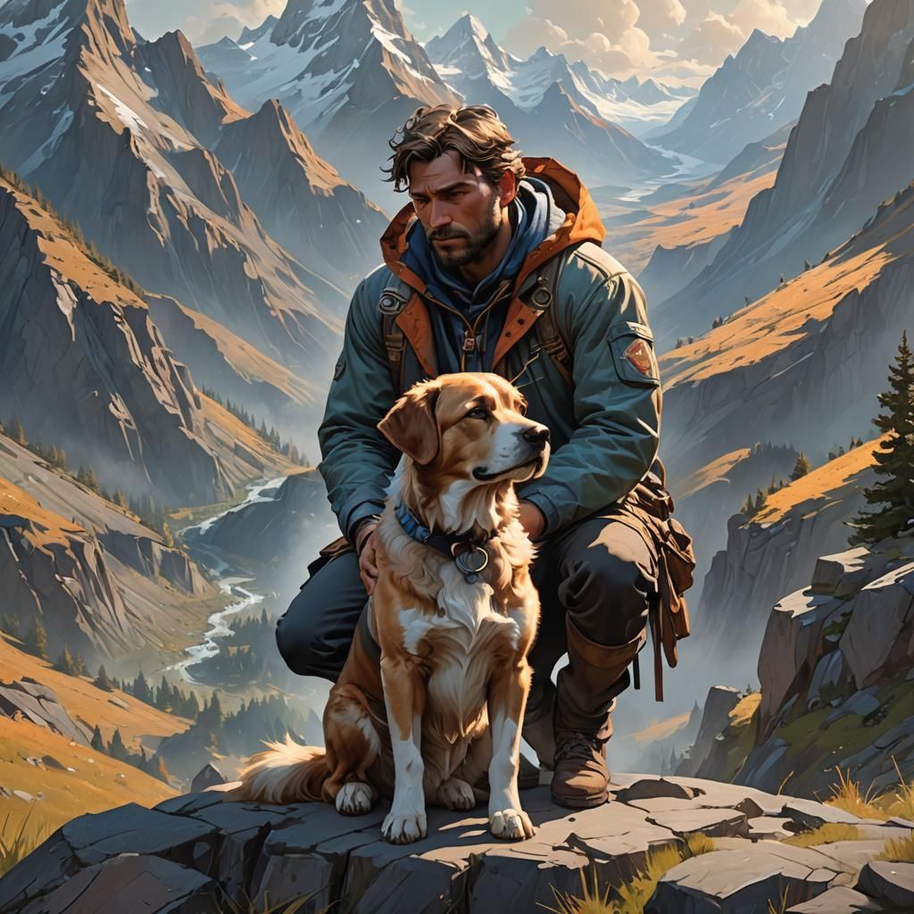 Man and Dog Portrait in Mountains, Detailed Lighting