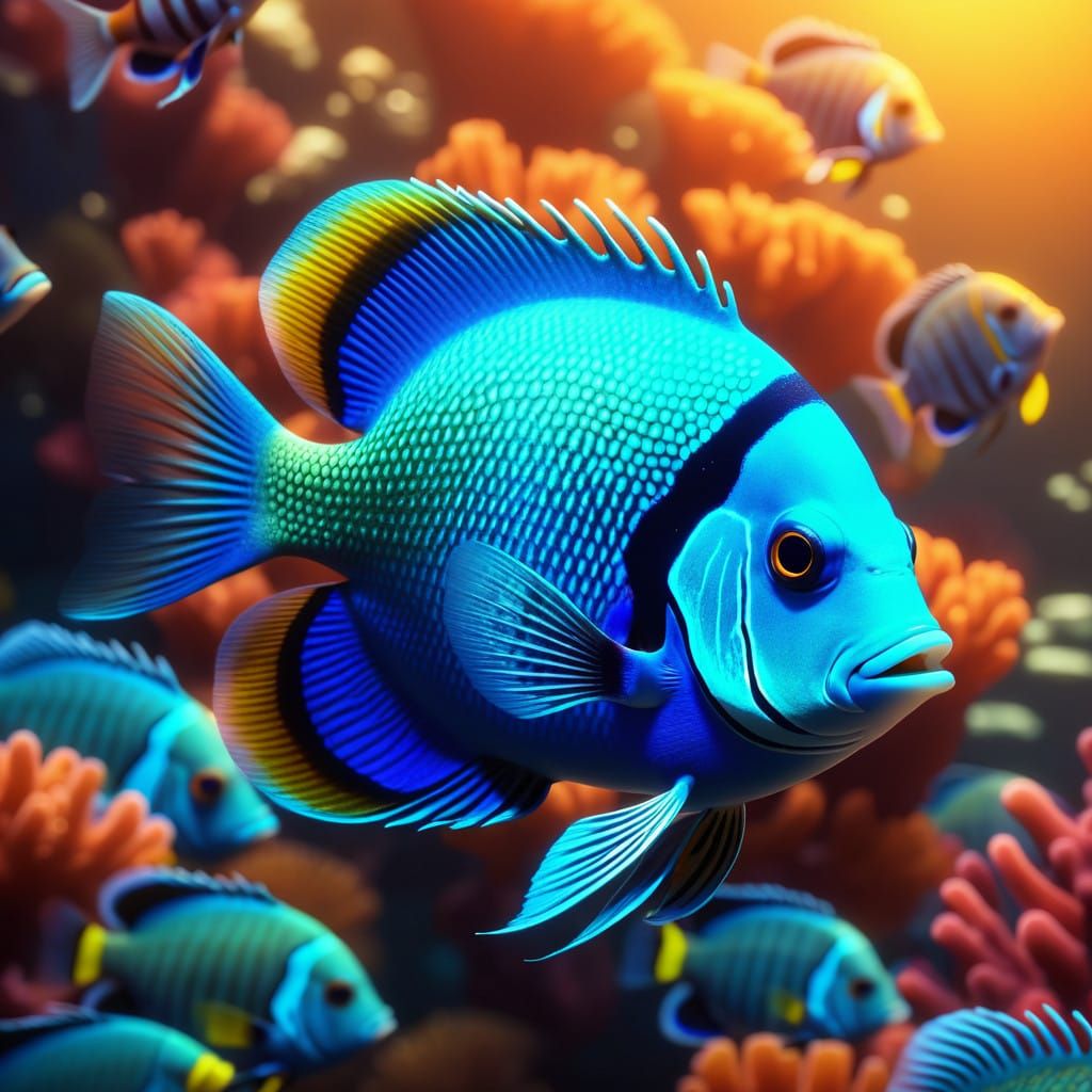 Vibrant School of Damselfish in Abstract Digital Art