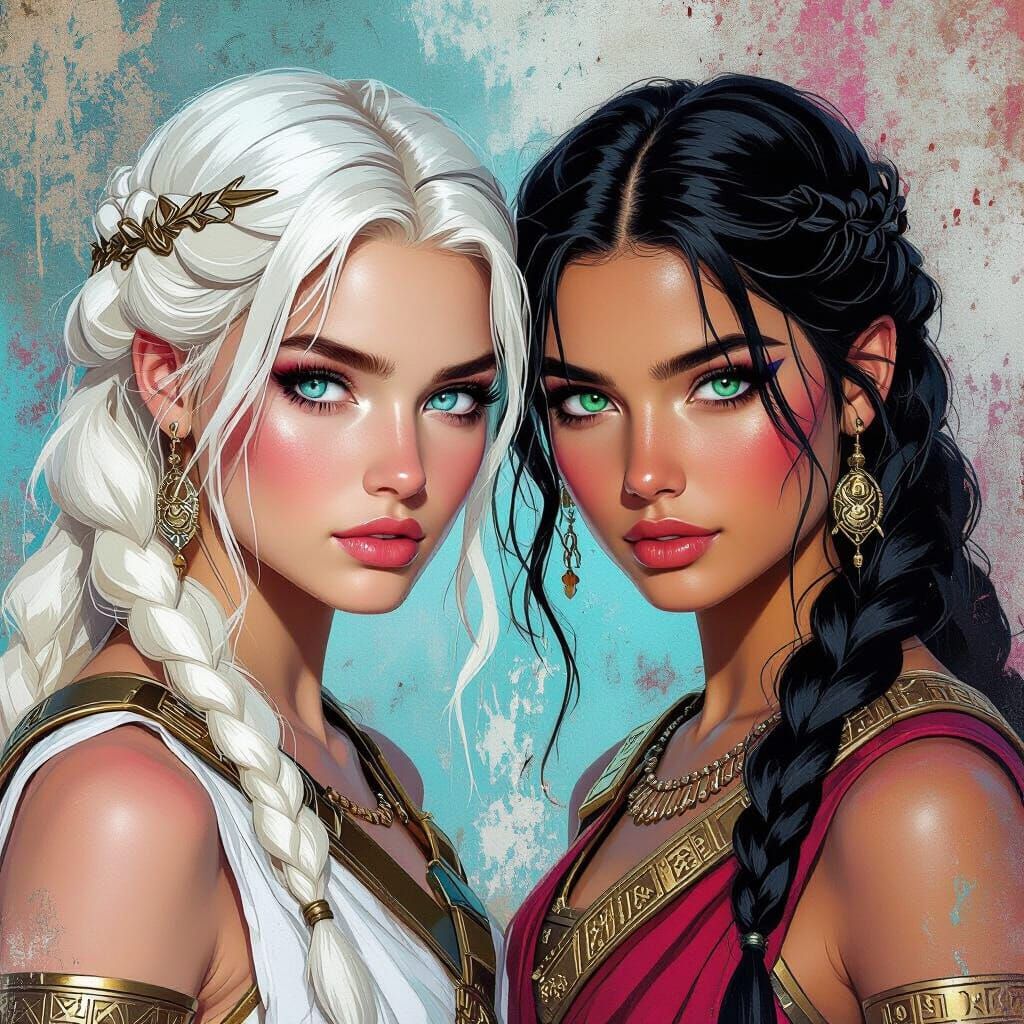 Two Greek Warrior Women in Graffiti Splash Art Style