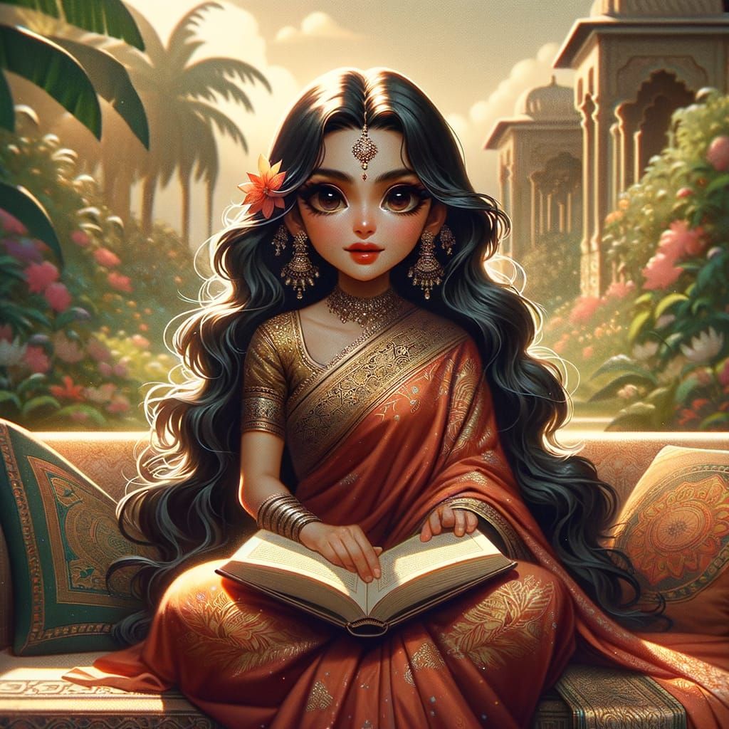 Chibi Indian Woman Reading in a Lush Garden
