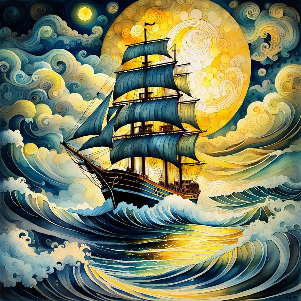 Moonlit Sailing Ship in Watercolour Style