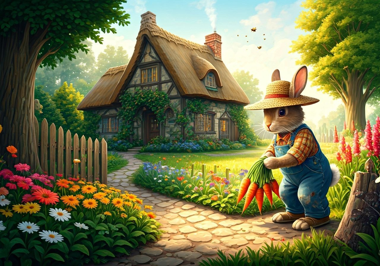 Whimsical Rabbit Farmer Harvesting Carrots in Storybook Styl...