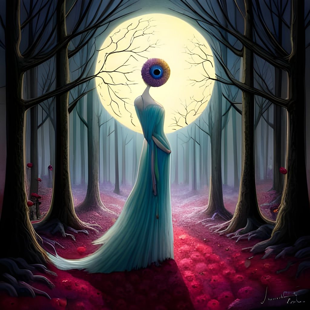 Eyeball Moon in Forest: Whimsical Gothic Mixed Media