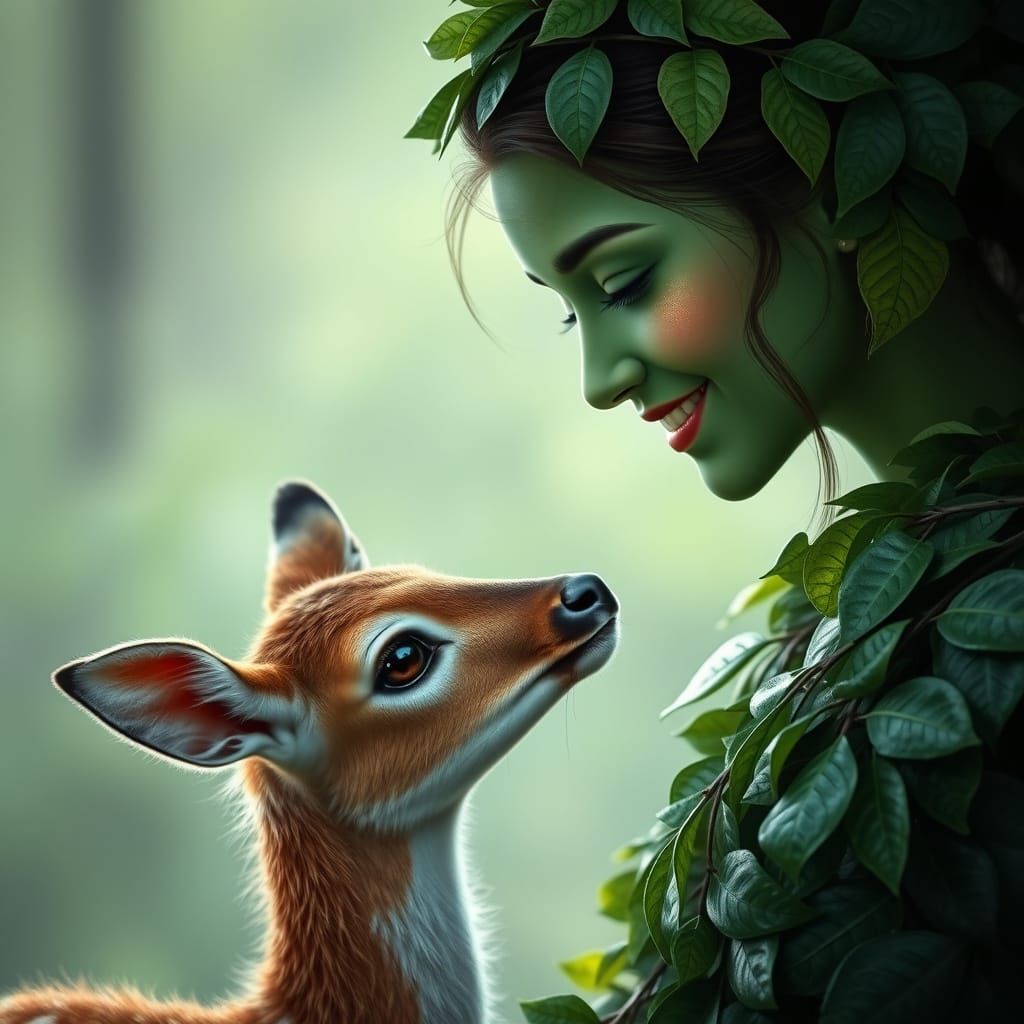 Mother Nature and Fawn in Dreamy Encounter