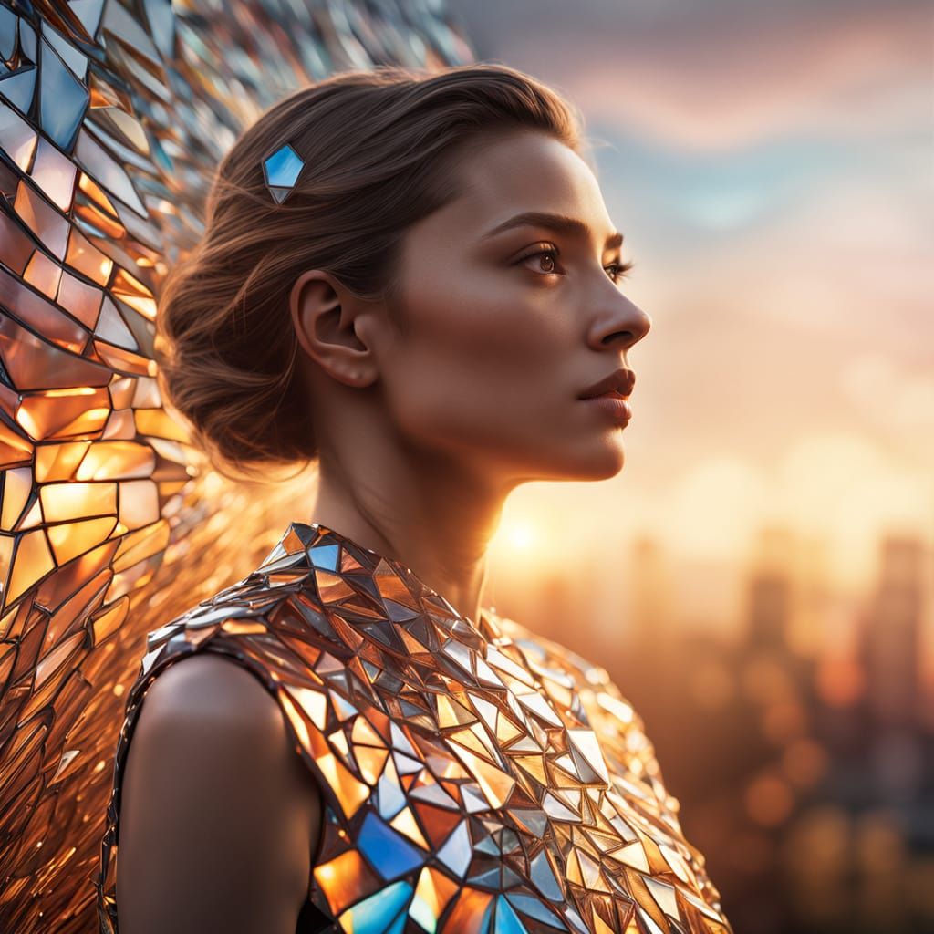 Woman in Shimmering Glass Gown at Sunset