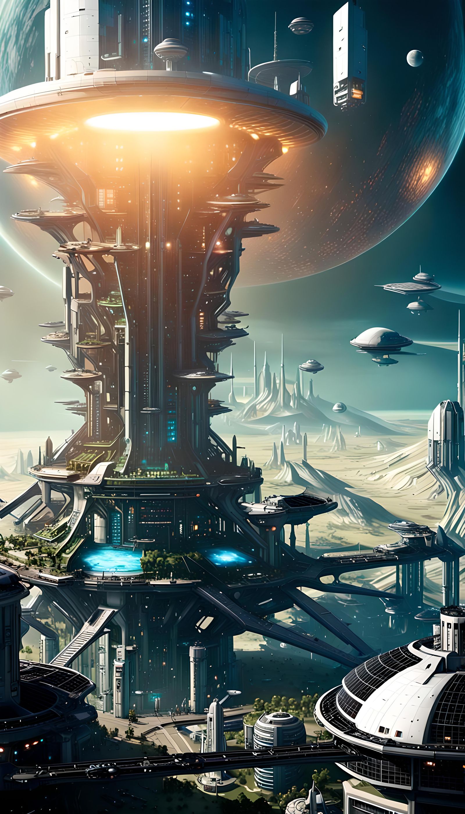 Cyberpunk Space Colony Orbiting Distant Planet