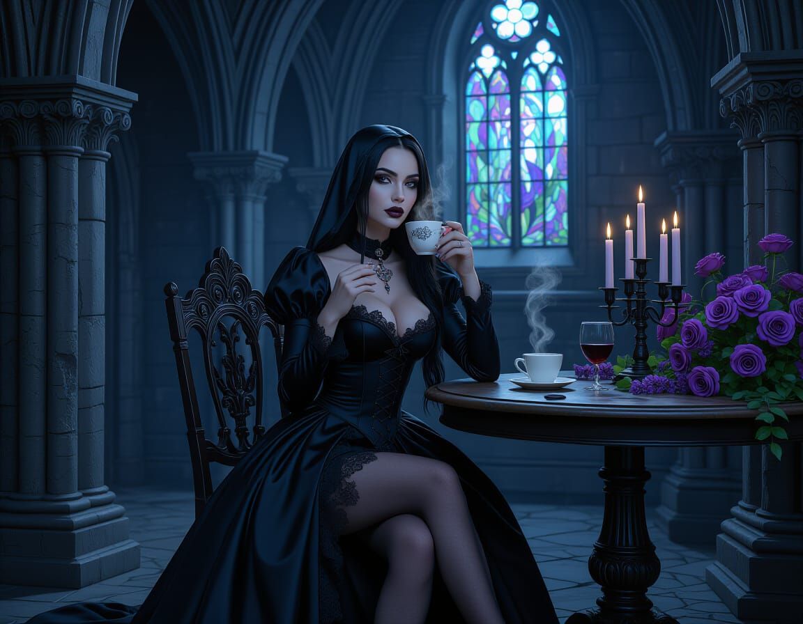 Gothic Woman with Coffee Amidst Arches and Candles
