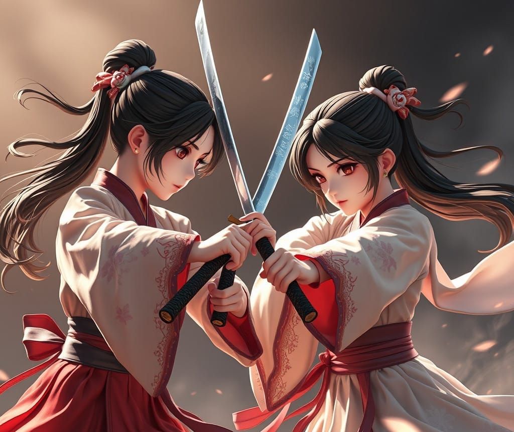 Two Anime Girls Engage in Elegant Sword Duel